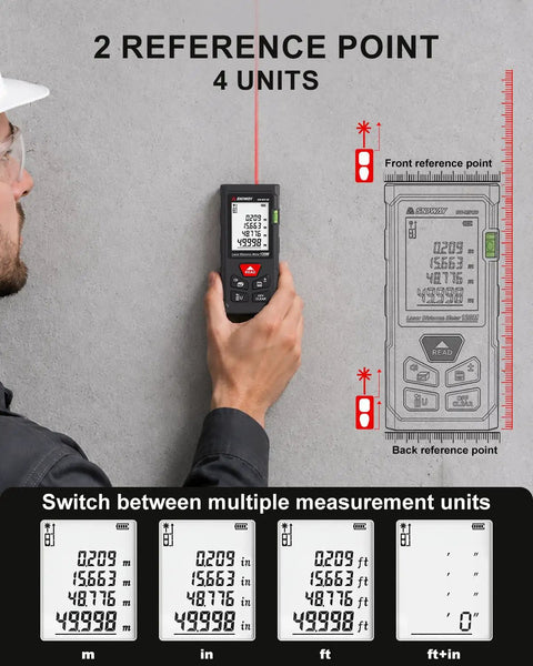 Laser Measuring Tool With 393 Feet Range, Bubble Levels, Plus Or Minus One Sixteenth Inch Accuracy, Easy Units Switch And Two Reference Modes, Dope For Windows, Doors, Cabinets, And DIY Projects On Any Jobsite. 2 reference points and 4 unit modes