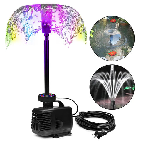 LED Pond Pump With Fountain Kit 45W Submersible Water Pump 792 GPH 3000 L/H for Ponds with multicolor LED nozzle patterns