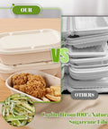 34 Oz Sugarcane Pulp Takeout Containers With Lids Eco Friendly Plastic Free Biodegradable Compostable Microwave Safe To Go Boxes For Meal Prep Pack Of 50 displayed with fried chicken and fries inside, comparing sugarcane and standard containers.