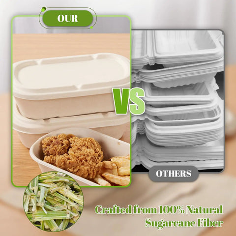 34 Oz Sugarcane Pulp Takeout Containers With Lids Eco Friendly Plastic Free Biodegradable Compostable Microwave Safe To Go Boxes For Meal Prep Pack Of 50 displayed with fried chicken and fries inside, comparing sugarcane and standard containers.