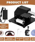 Heavy Duty Badass Mini Belt Sander And Bench Grinder Combo With 13 Inch Belt showing parts like power supply, sanding belts, and grinding wheel.