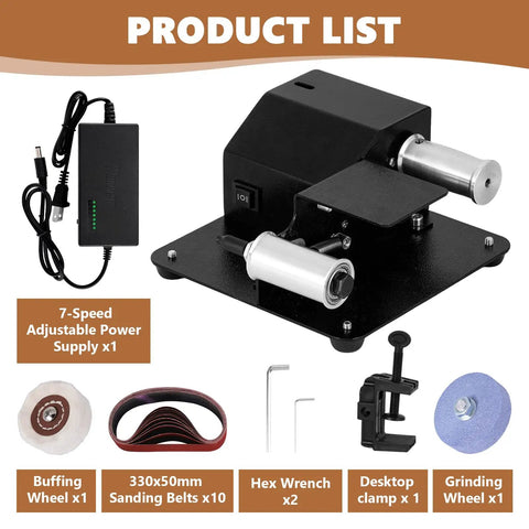 Heavy Duty Badass Mini Belt Sander And Bench Grinder Combo With 13 Inch Belt showing parts like power supply, sanding belts, and grinding wheel.