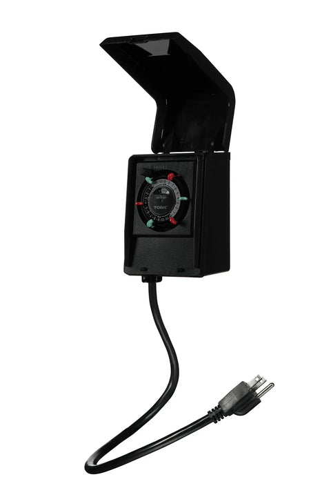 Heavy Duty Plug In Mechanical Timer 15 Amp Dual Receptacle with open cover and adjustable dial for indoor outdoor use.