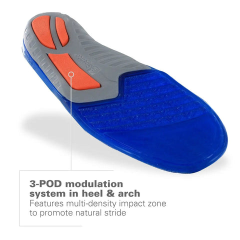 Close-up of blue gel insole showing 3-POD design, part of Gel Insoles With Total Support For Men Size 12 To 13.5 Cushions The Heel And Ball