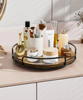 9 Inch Wooden Lazy Susan Organizer with 360 Degree Rotation holding cosmetics on a bathroom vanity