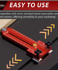 Must-Have Thin Rip Jig For Table Saw And Router Table shown in use, bright red, fits 3/4 By 3/8 Inch T Slot Tracks.