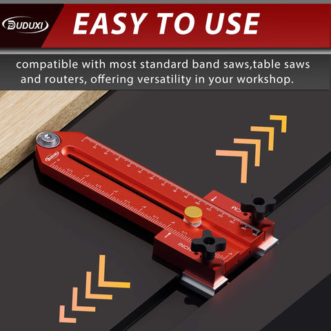 Must-Have Thin Rip Jig For Table Saw And Router Table shown in use, bright red, fits 3/4 By 3/8 Inch T Slot Tracks.