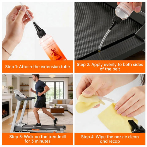 Steps to use Silicone Treadmill Belt Lubricant 8 Oz Total With 2 Long Nozzle Tubes, including application and cleanup process.