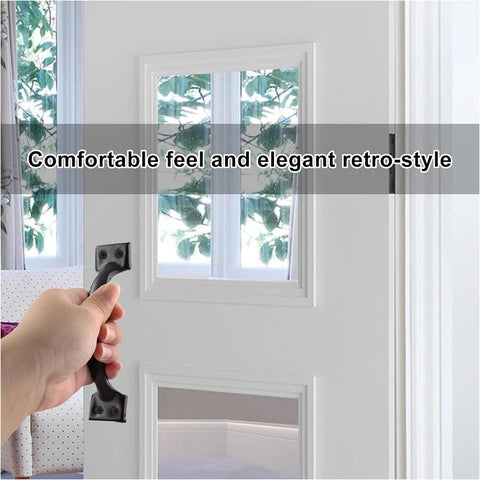 Rustic Gate Handle Set 2 Pack Iron Hardware Pull With Screws Black Finish mounted on white door with window view