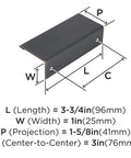 Dimensions diagram of Oil Rubbed Bronze Edge Pull Cabinet Handle With Three Inch Center To Center Mounting and overall length details