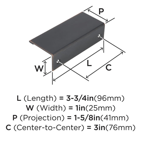 Dimensions diagram of Oil Rubbed Bronze Edge Pull Cabinet Handle With Three Inch Center To Center Mounting and overall length details