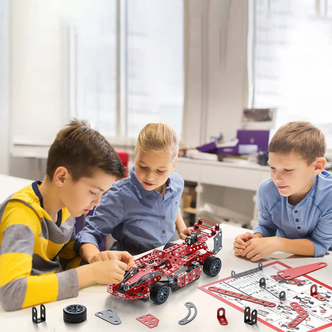 Kids assembling Hands On Model Car Building Kit For Kids 8 To 12 With 287 Metal Parts Nuts Bolts And Tools STEM Vehicle Assembly Toy