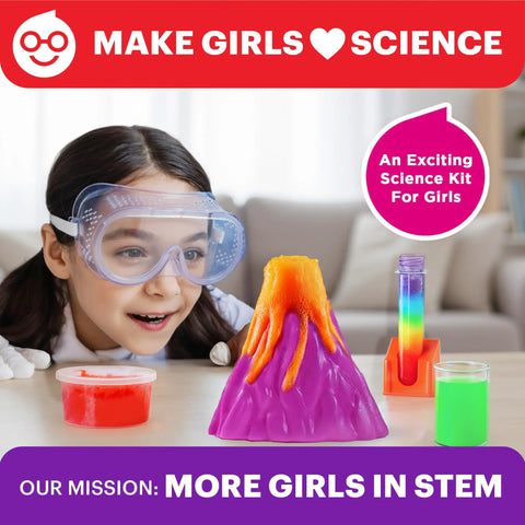 Girls Science Kit Chemistry Set For Kids Ages 8 To 14 Ultimate STEM Toy With 50 Plus Experiments, girl watching volcano model.