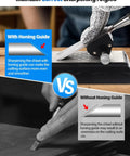 Image showing comparison of chisel sharpening with and without honing guide using Diamond Sharpening Stone Set With Honing Guide And Angle Guide, Non Slip Base, Pro Grade Double Sided 400 1000 Grit Diamond Plate For Knives Chisels And Planes, Honeycomb Surface Sharpening Stone Kit.