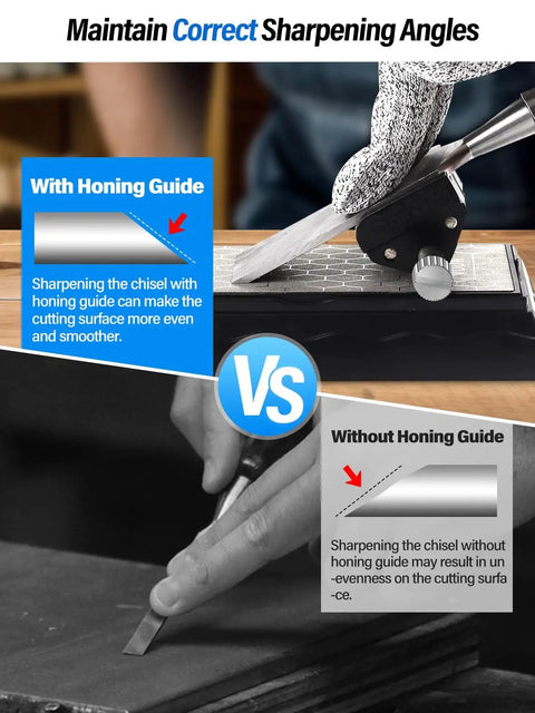 Image showing comparison of chisel sharpening with and without honing guide using Diamond Sharpening Stone Set With Honing Guide And Angle Guide, Non Slip Base, Pro Grade Double Sided 400 1000 Grit Diamond Plate For Knives Chisels And Planes, Honeycomb Surface Sharpening Stone Kit.