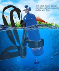 Adjustable Diving Tank Strap With Anti Skid Grip For Rock Solid Oxygen Bottle Holder shown securing a blue tank underwater
