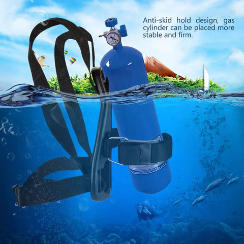 Adjustable Diving Tank Strap With Anti Skid Grip For Rock Solid Oxygen Bottle Holder shown securing a blue tank underwater
