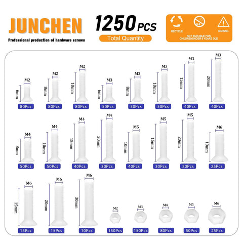 Knockout 1250 Piece White Nylon Phillips Bolt And Nut Assortment Kit For Smooth Pcb Wiring Featuring Tough As Nails M2 Through M6 Metric Threads And Flush Heads displayed with assorted sizes and quantities.