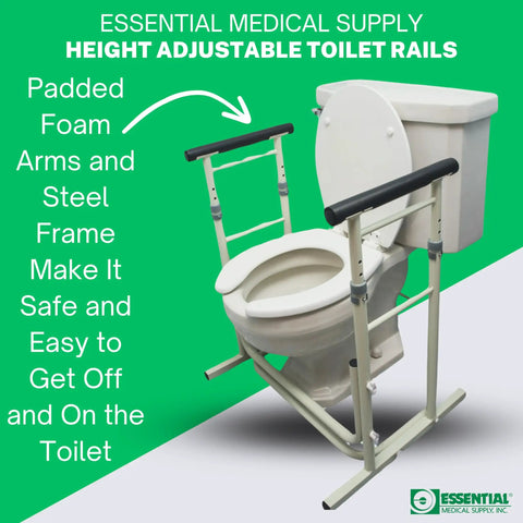 Height Adjustable Standing Toilet Safety Rail With Foam Handles For Elderly Seniors Sturdy Frame And Non Slip Grips shown by toilet