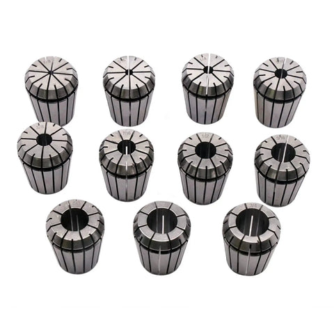 Set of eleven ER32 collets from Shank Chuck Tool Set With Eleven ER32 Collets Spanning From One Eighth To Three Quarters Inch Includes One ER32 Shank One Wrench Pro Grade For Milling Lathe And Drilling Machines.