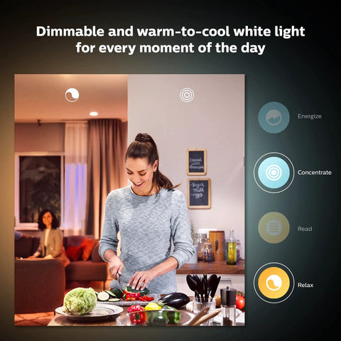Woman preparing food under White Ambiance A19 LED Smart Bulb With 50,000 Tunable White Shades, Bluetooth And Zigbee Compatible
