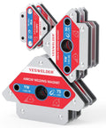 Premium Heavy Duty Welding Magnets Six Piece Set Adjustable Angle Holders With Monster Grip For 25 To 75 Pound Steel Hold Downs, featuring 25, 50, and 75 lb clamps.