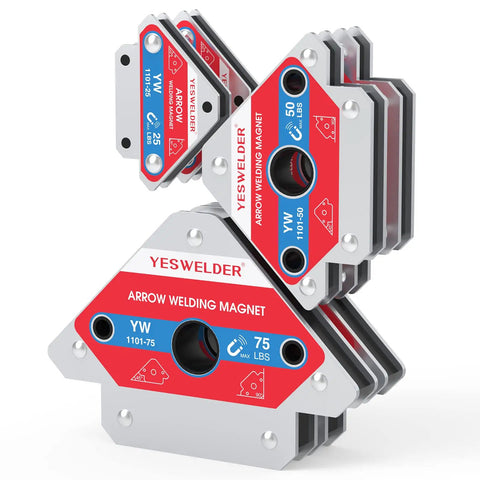 Premium Heavy Duty Welding Magnets Six Piece Set Adjustable Angle Holders With Monster Grip For 25 To 75 Pound Steel Hold Downs, featuring 25, 50, and 75 lb clamps.