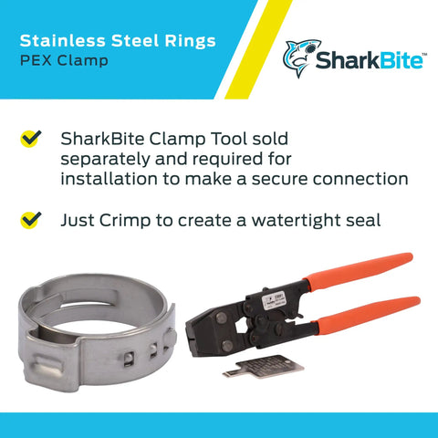 3/4 Inch Clamp Ring For PEX And PE-RT Tubing Stainless Steel Barb Clamp Ring Durable Plumbing Fittings Easy Install Pack Of 100 UC955CP100 with SharkBite clamp tool