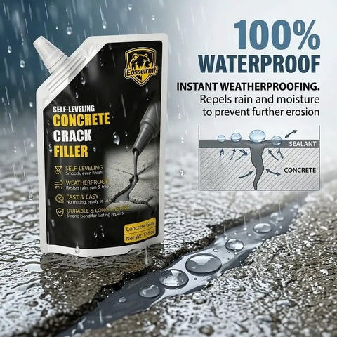 Rock Solid Self Leveling Concrete Crack Filler Two Pack Liquid Repair Sealant Tough As Nails on wet concrete surface.