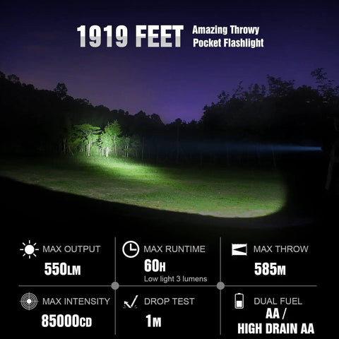 Pocket Thrower GTA LED Flashlight That Hits Hard With Ultra Long Throw, 1919 ft Beam, 85000cd illuminating a forest at night