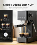 Snag This Pro Level 20 Bar Espresso Machine With Rapid 30 Second Heat Up And Precision Microfoam Steam Wand For Dope Lattes And Creamy Cappuccinos In A Tight Black Build displaying single and double shot options with brewed espresso in glasses.