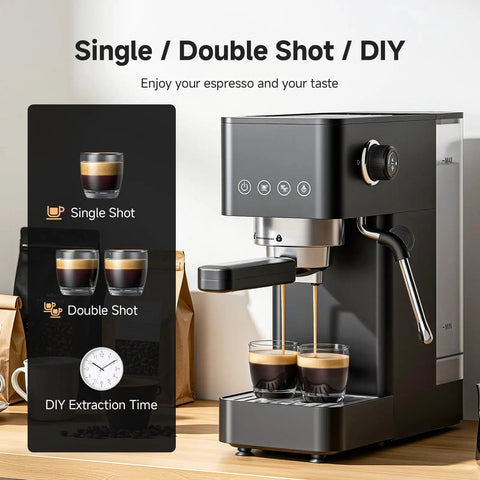 Snag This Pro Level 20 Bar Espresso Machine With Rapid 30 Second Heat Up And Precision Microfoam Steam Wand For Dope Lattes And Creamy Cappuccinos In A Tight Black Build displaying single and double shot options with brewed espresso in glasses.