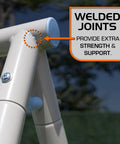 Close-up of the welded joints on the Outdoor Backyard Playset With 2 Swings, Glide Ride, Trapeze And 5Ft Wave Slide, reinforcing strength.