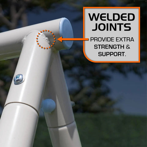 Close-up of the welded joints on the Outdoor Backyard Playset With 2 Swings, Glide Ride, Trapeze And 5Ft Wave Slide, reinforcing strength.