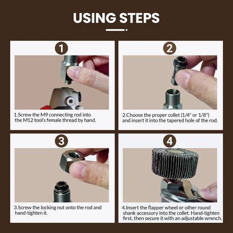 Steps for using M9 Threaded Collet Adapter For M12 Polishers And Sanders With Dual Collets One Quarter Inch And One Eighth Inch