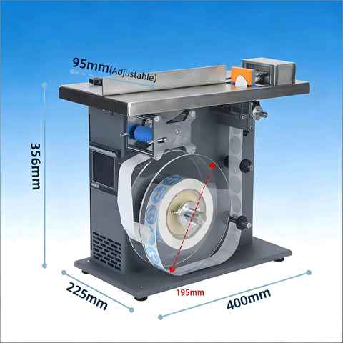 High Precision 90 Degree Corner Labeler With Plc Control And Plus Or Minus 0 5mm Accuracy Speeds Of 15 To 30 Labels Per Minute showing adjustable parts and size measurements.