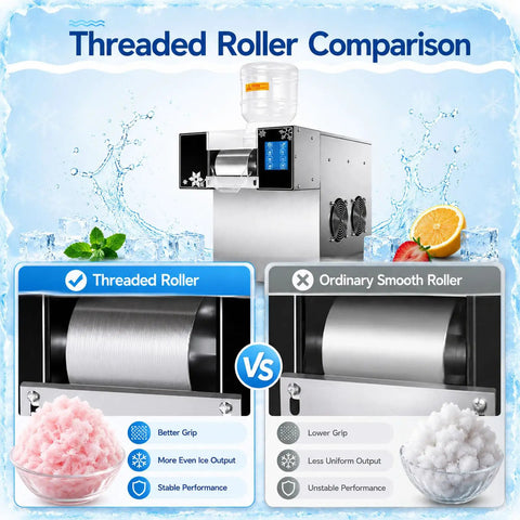 Commercial Flake Ice Maker Hits Speed Records In Three Seconds Flat While Pushing 120 Kilograms Daily Inside A Heavy Duty Steel Casing Built For Busy Venues That Want Hella Quick Frost And Zero Maintenance Anytime showing threaded vs smooth rollers.