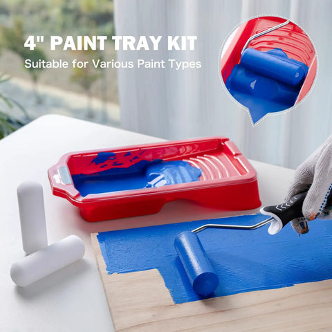 11-Piece Foam Paint Roller Kit With 4-Inch Roller, ergonomic handle painting blue on board, red magnetic tray.