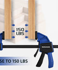 Woodworking Bar Clamps Set for the Shop Four Pack 12 Inch Lightweight Yet Sturdy One Handed Quick Grip Clamps showing 150 lbs load capacity