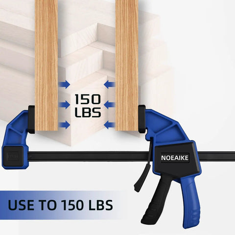 Woodworking Bar Clamps Set for the Shop Four Pack 12 Inch Lightweight Yet Sturdy One Handed Quick Grip Clamps showing 150 lbs load capacity