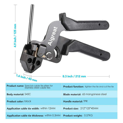 Heavy Duty Metal Tie Wrap Gun Kit With 200 Stainless Steel Cable Ties 4.6x270mm, tool dimensions and specs overview