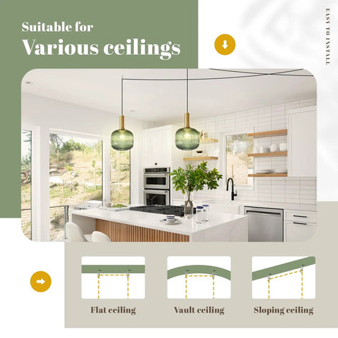 Green Glass Plug In Pendant Light With 15 Feet Cord Retro Vintage Black Hanging Ceiling Lamp For Kitchen Bedroom Living Room And Dining Room Easy To Install E26 Base Mid Century Modern Style Vibe