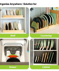 Expandable Bamboo Pots And Pans Organizer Under Cabinet With Adjustable Lids Rack shown in various storage locations