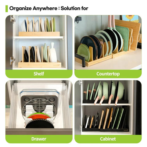 Expandable Bamboo Pots And Pans Organizer Under Cabinet With Adjustable Lids Rack shown in various storage locations