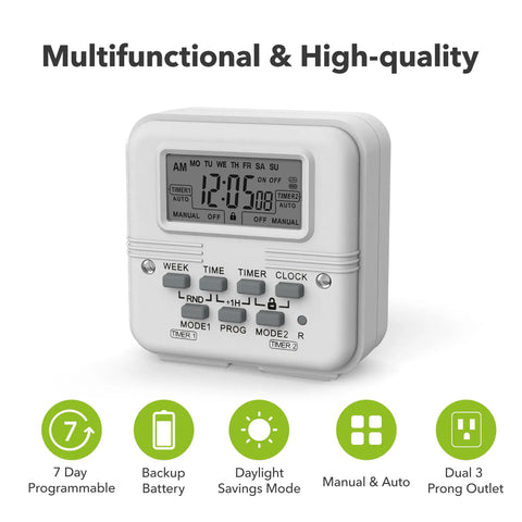 Indoor Digital Light Timer With 7 Day Programmable Plug In Dual 3 Prong Outlets For Lamps And Fans, Independent On Off Settings, Energy Saving, ETL Listed, 15 Amp, 1875 Watt, 1 Pack