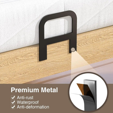 Heavy Duty 6 Piece Metal Mattress Grippers Extra Wide Anti Slip Bed Holders Adjustable Design showing premium metal grip clamping to bed frame.