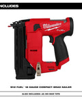 M12 Fuel 18 Gauge Compact Brad Nailer with tool-free depth adjustment and jam-clearing latch in black and red