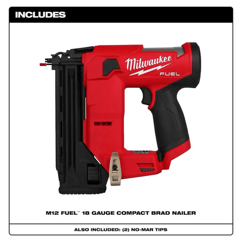 M12 Fuel 18 Gauge Compact Brad Nailer with tool-free depth adjustment and jam-clearing latch in black and red