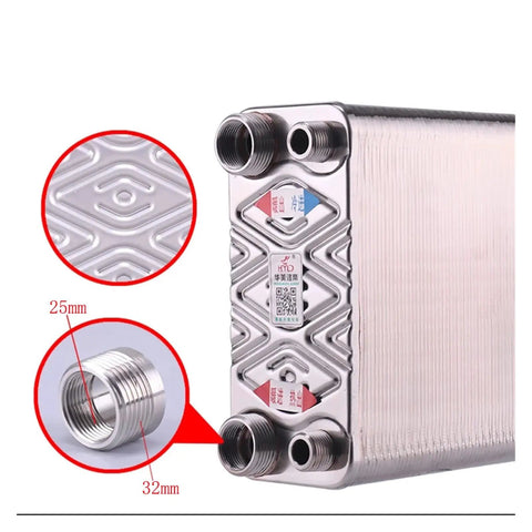 Heavy Duty 120 Plate Brazed Heat Exchanger Built With Food Grade SUS304 Stainless Steel And Pure Copper Core with 25mm and 32mm outlets