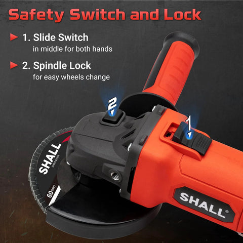 SHALL 4-1/2-inch angle grinder side view with orange body, guard and safety switch